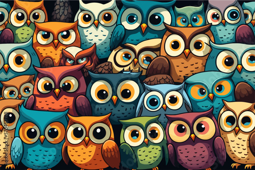 Cute owls birds group color seamless pattern