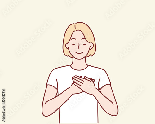 Touched positive woman with pleased expression keeps hands on chest, feels gratitude, impressed by good words of gratitude. Hand drawn style vector design illustrations.