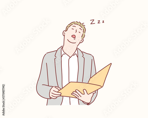 Young man officer sleeping and snoring. Hand drawn style vector design illustrations. photo