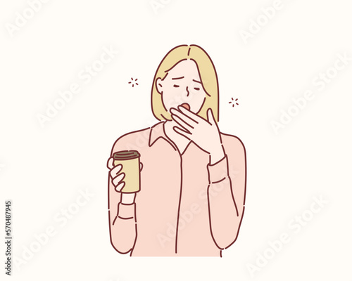 Young business woman yawning. Hand drawn style vector design illustrations.