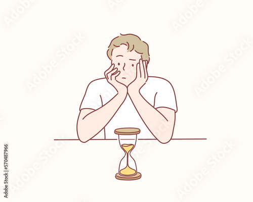 Man looks at the hourglass, thinking, planning and focus in actions. Man worrying about deadline terms. Hand drawn style vector design illustrations.