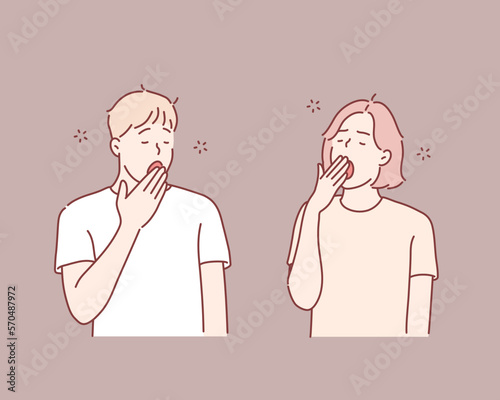 Sleepy people, tired friends, yawning couple concept. Hand drawn style vector design illustrations.
