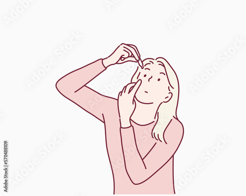 A girl applying artificial tears. Hand drawn style vector design illustrations.