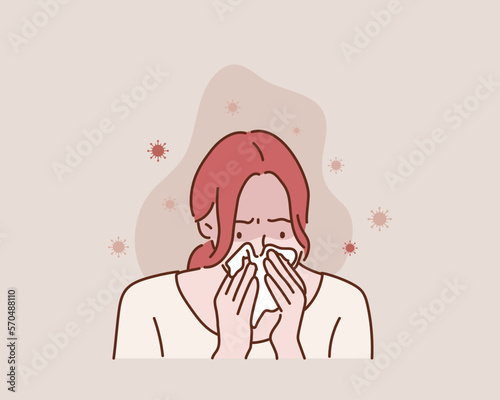 Woman sick and sad with sneezing on nose and cold cough on tissue paper because influenza and weak or virus bacteria. Hand drawn style vector design illustrations.