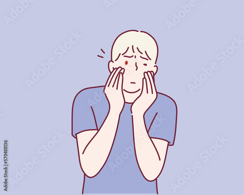 Inflammation and sharp pain in eyes. Redness eyes. Conjunctivitis, infection and allergies symptom. Hand drawn style vector design illustrations.