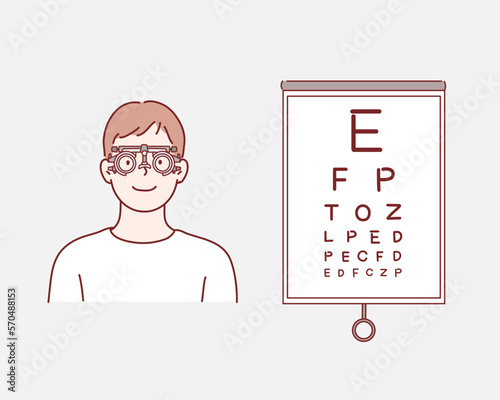 Man wearing eye test glasses and reading chart illustration. Hand drawn style vector design illustrations.