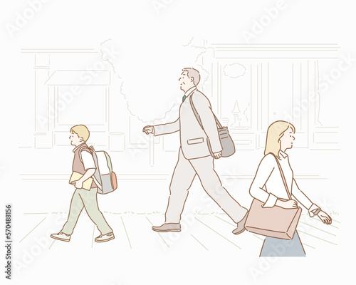 people walking in the street. Hand drawn style vector design illustrations.