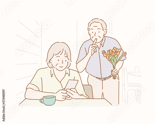 Romantic senior holding a bunch of flowers and holding a finger on lips. Hand drawn style vector design illustrations.