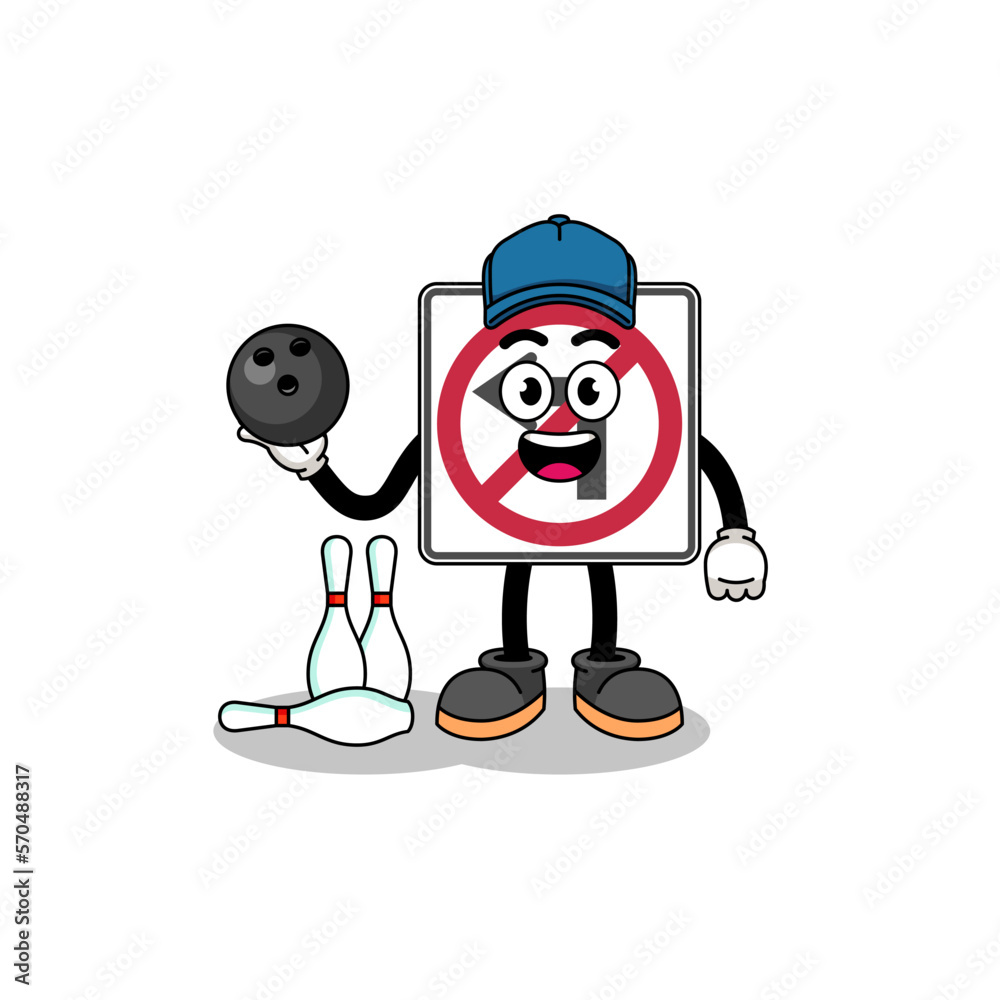 Mascot of no left turn road sign as a bowling player