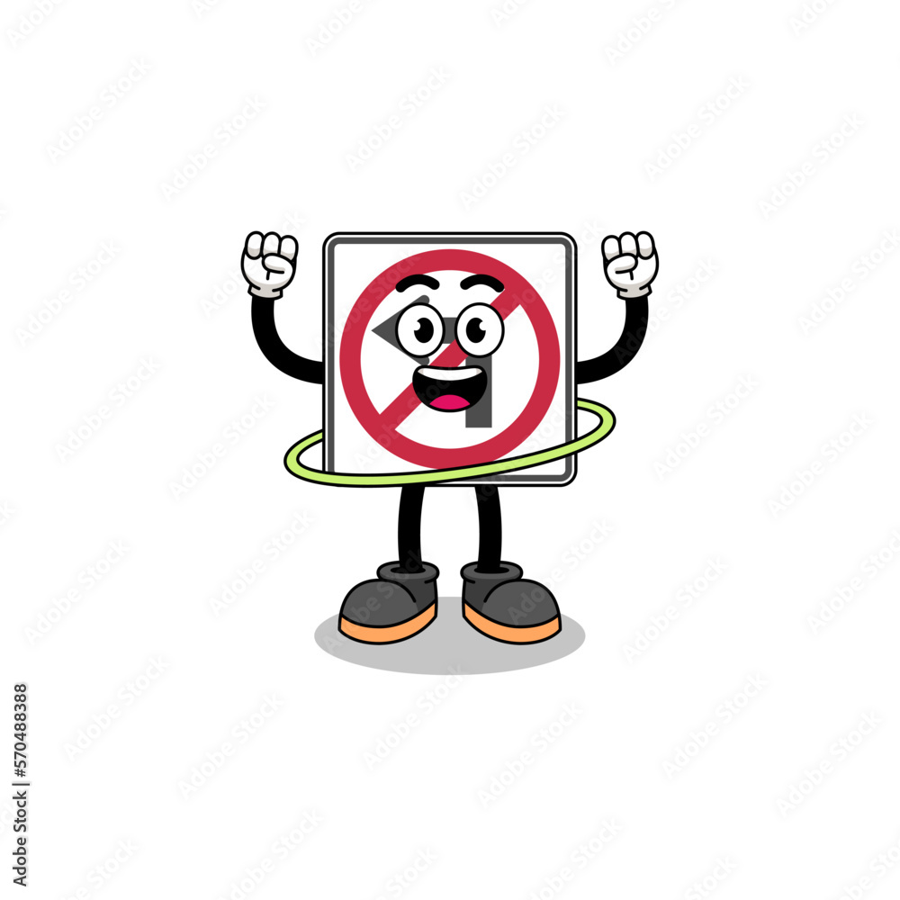 Character Illustration of no left turn road sign playing hula hoop
