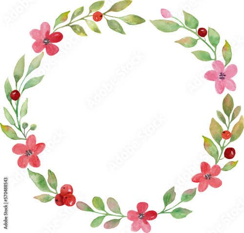 Watercolor floral round wreath with pink flowers and leaves. Flowers hand drawn illustration. Vector EPS.