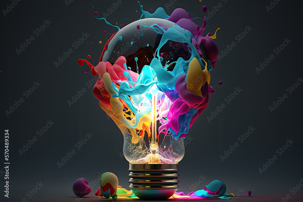 light bulb, filled with an explosion of vibrant, swirling colors. The