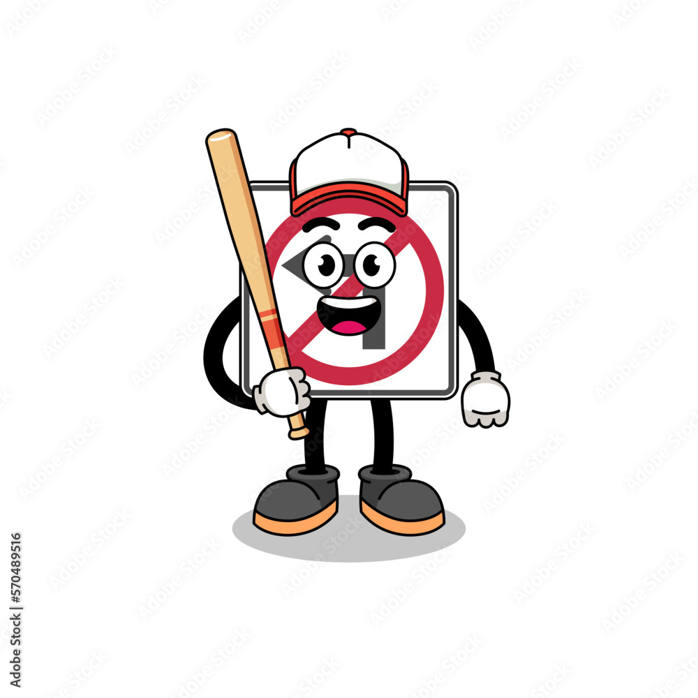 no left turn road sign mascot cartoon as a baseball player