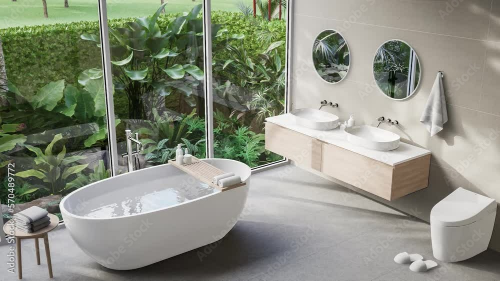 Animation of modern contemporary loft style bathroom with tropical style nature view 3d render,There are concrete tile floor and wall decorated with wooden sink counter and circle mirror