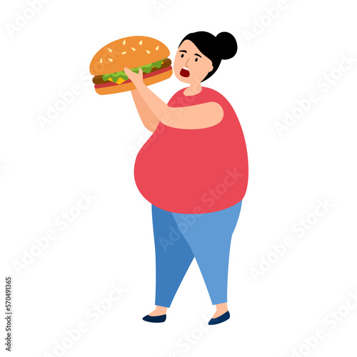 Hungry overweight woman eating big hamburger in flat design on white background.
