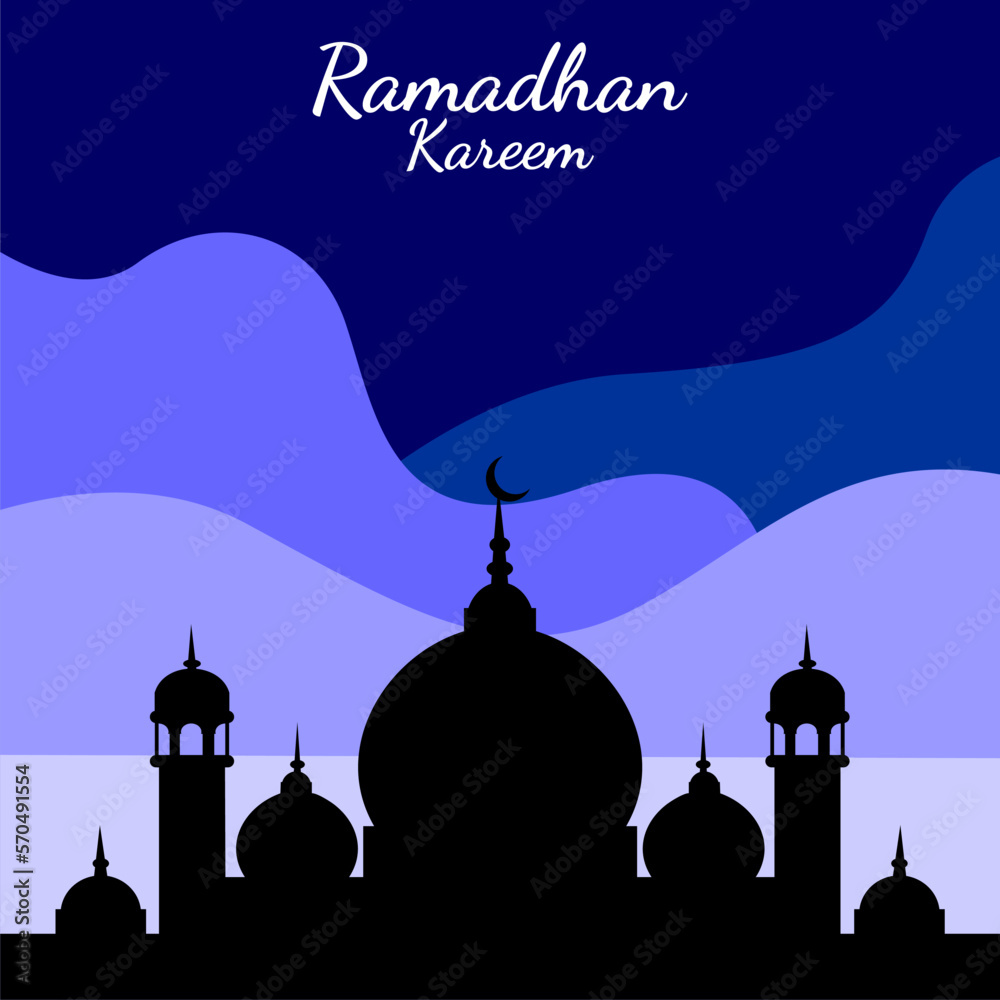 Ramadan kareem vector islamic background with blue color and mosque