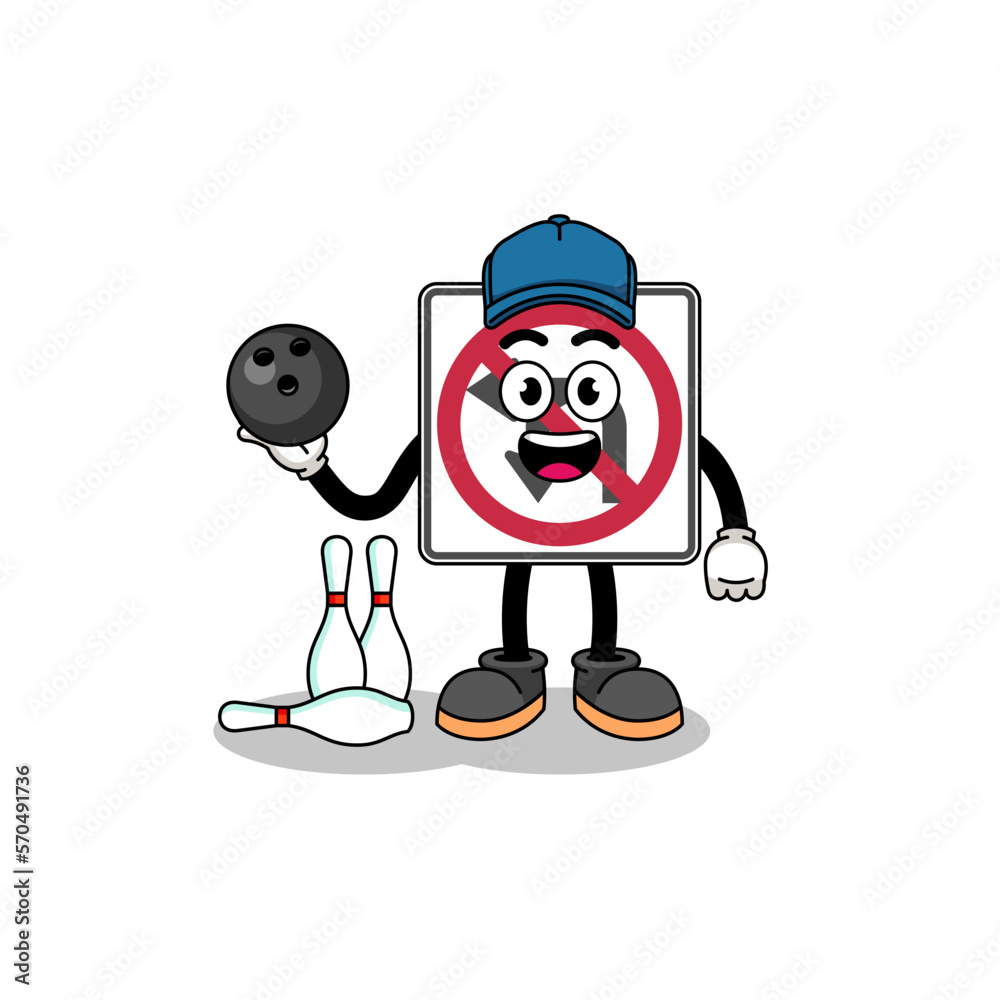 Mascot of no left or U turn road sign as a bowling player