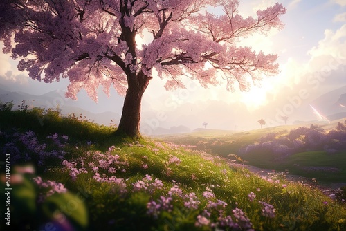 cherry blossom tree in a field with flowers on the ground and a sky background with clouds and sun shining through the trees generative Ai.