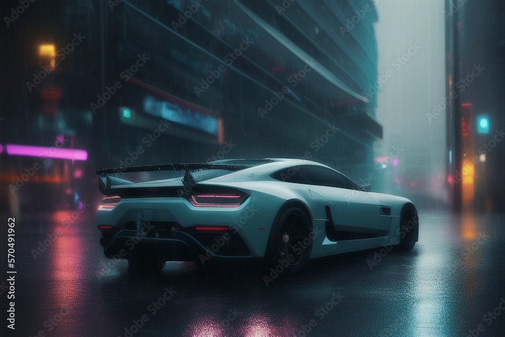 a white sports car driving down a city street at night time in the rain with a neon colored building in the background