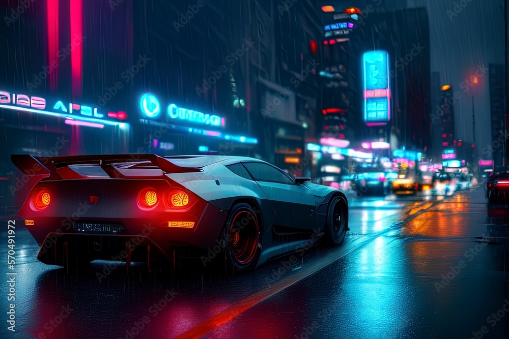 a car is driving down a city street at night time with neon lights on the buildings and cars on the street