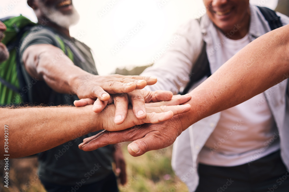 Hiking, sports and hands of people stack for support, motivation and fitness in outdoor forest. Teamwork, diversity and group of hikers for exercise, trekking and cardio workout in woods for wellness - obrazy, fototapety, plakaty 