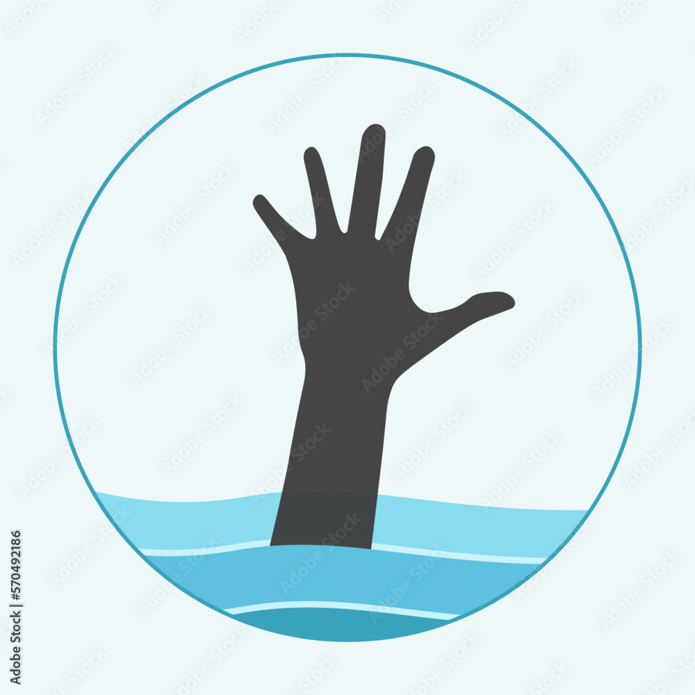 Isolated illustration of river, sea, water, swimming poll drowned danger, risk alert circle sign. With illustration man's hand reach up from water Isolated illustration of river, sea, water, swimming poll drowned danger, risk alert circle sign. With illustration man's hand reach up from water