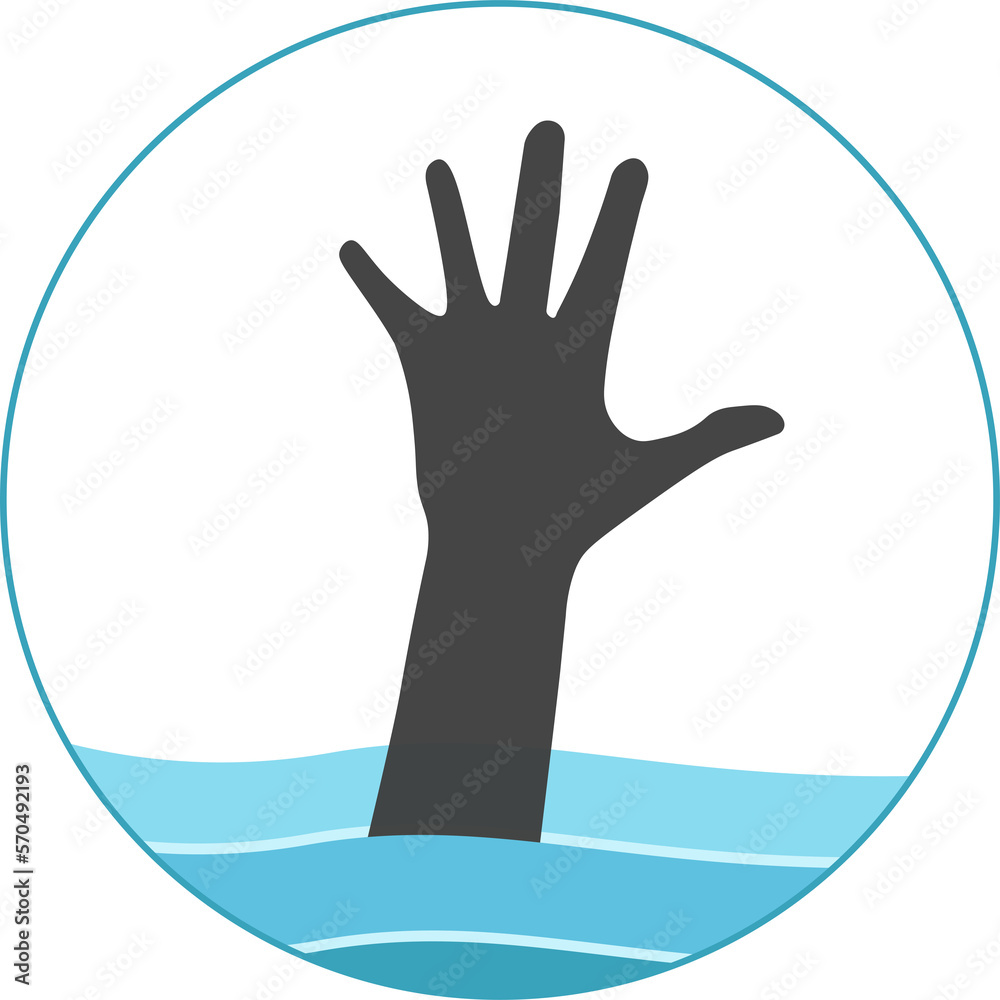 Obraz premium Isolated illustration of river, sea, water, swimming poll drowned danger, risk alert circle sign. With illustration man's hand reach up from water