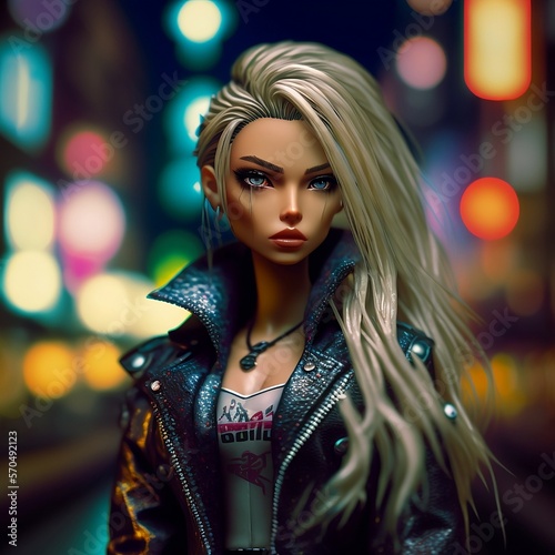 Long Blonde Hair Female Doll Wearing a Black Leather Jacket Standing in a City Generative AI