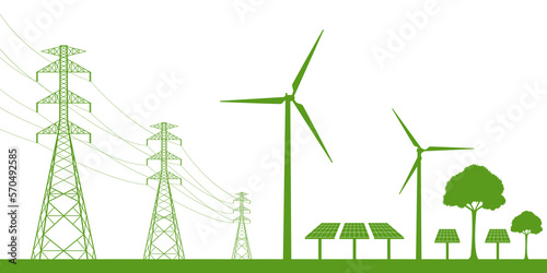 Renewable Energy Source with Solar Panel, Wind Turbines and Electric Pole. Green energy. Environmentally friendly. Vector Illustration © BillionsPhoto