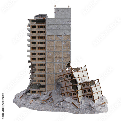Large size building damaged after war. 3d render isolated