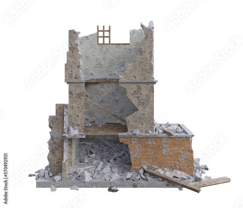 Small size building damaged after war. 3d render isolated