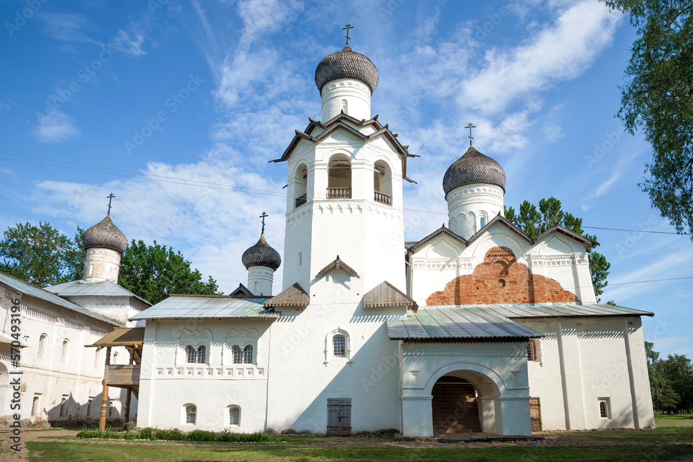 Ancient temples of the former Spaso-Preobrazhensky Monastery on a sunny June day. Staraya Russa, Russia