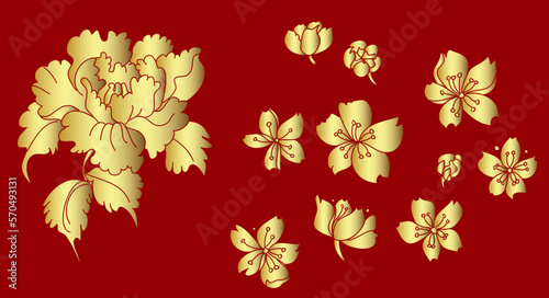 Free hand Sakura flower vector set, Beautiful line art Peach blossom isolate on white background.Peony flower vector.