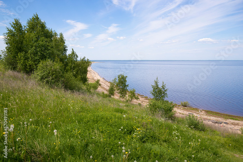 The coast of Ilmen lake on a sunny summer day. Novgorod region, Russia