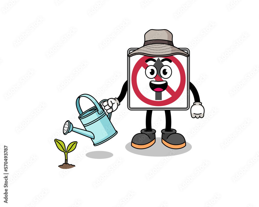 Illustration of no thru movement road sign cartoon watering the plant Illustration of no thru movement road sign cartoon watering the plant