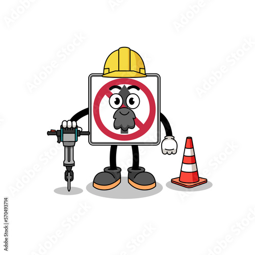 Character cartoon of no thru movement road sign working on road construction