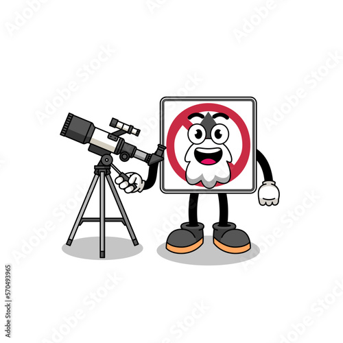 Illustration of no thru movement road sign mascot as an astronomer