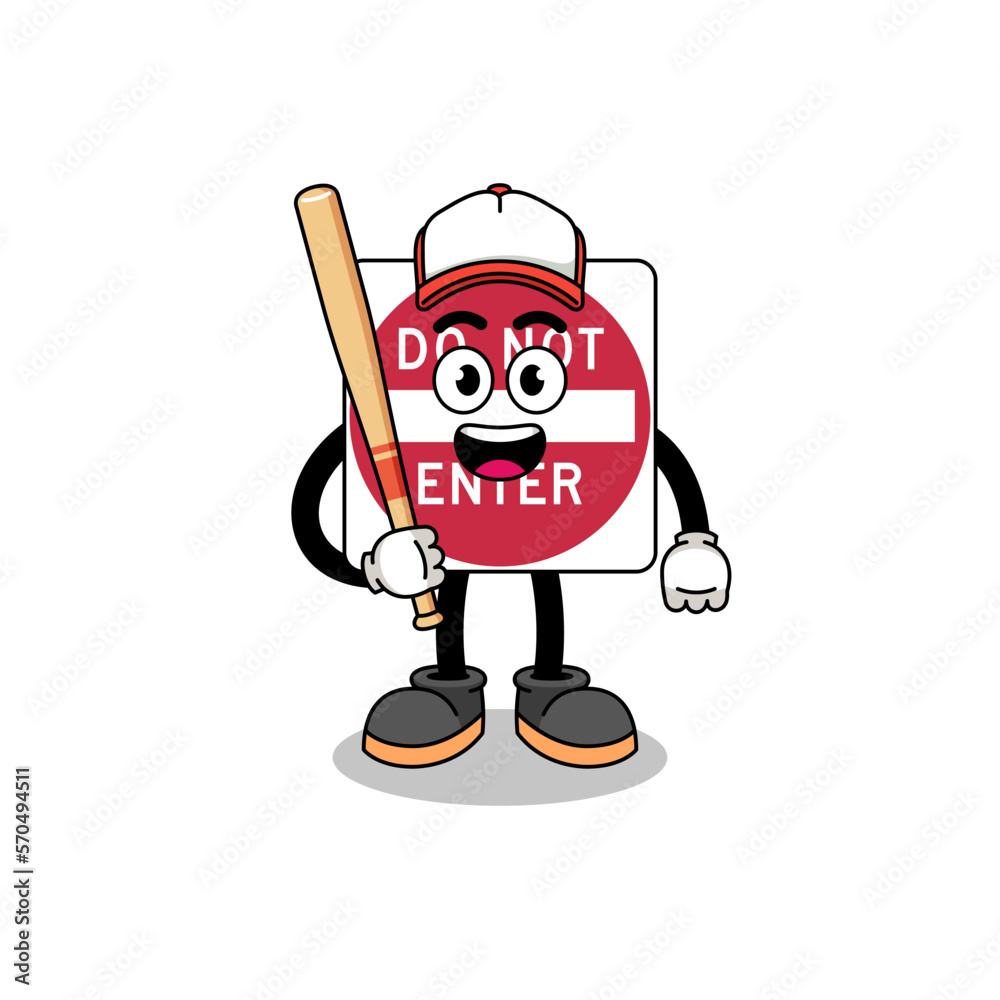 do not enter road sign mascot cartoon as a baseball player
