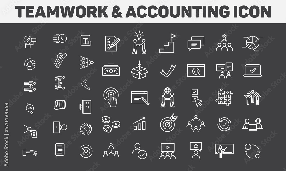 Teamwork and accounting line icons collection. vector illustration