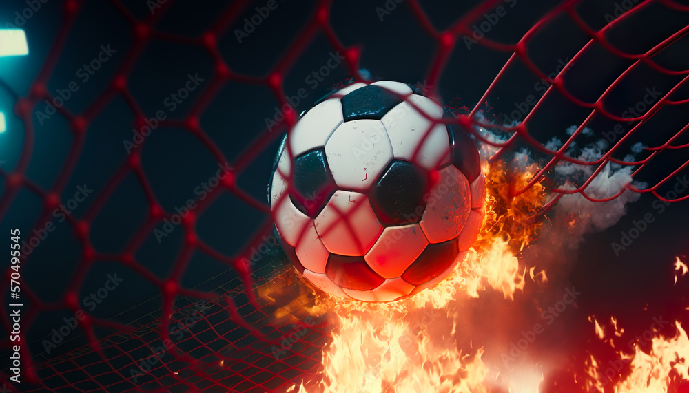 Naklejka premium soccer football fire flame flying look like comet and goal net.sport action for advertising concepts.ai generated images