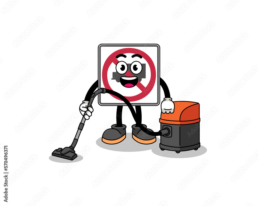 Character mascot of no trucks road sign holding vacuum cleaner Character mascot of no trucks road sign holding vacuum cleaner