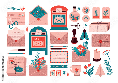 Collection envelopes with mail, mailboxes, postmarks, sealing wax, cards, key, plants, flowers, jars, post office. Decorative postal elements in flat style. Hand drawn romantic vintage set.