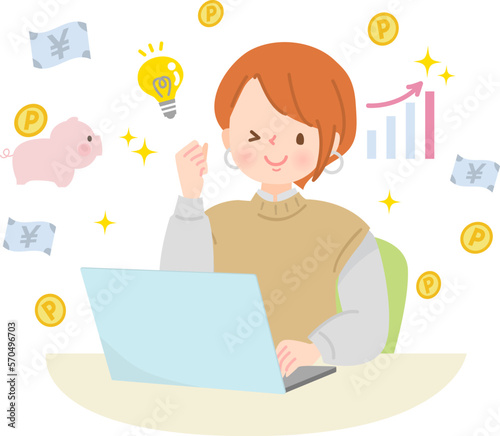 PCでポイ活する笑顔の女性のイメージイラスト素材