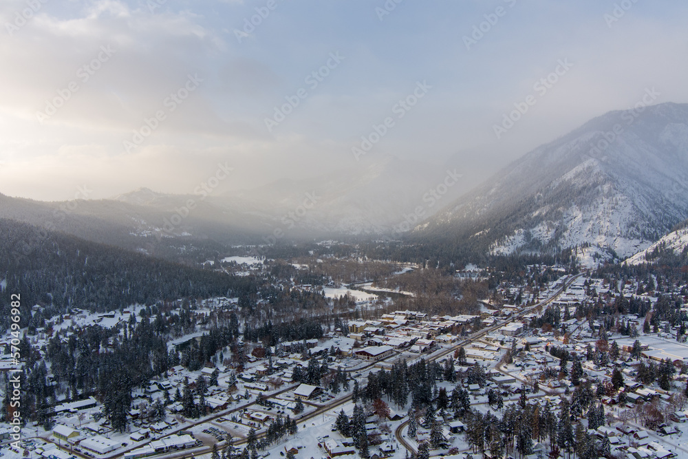 Aerial view of Leavenworth, WA at sunrise in December of 2022
