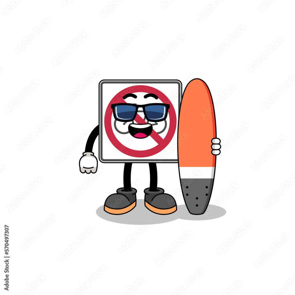 Mascot cartoon of no bicycles road sign as a surfer