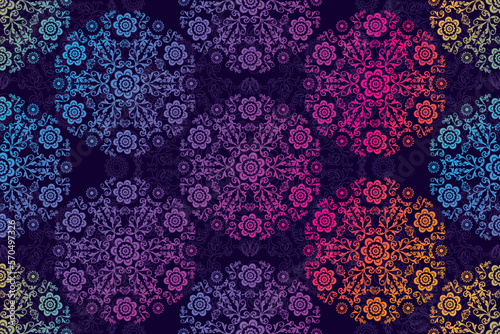 Vector seamless dark violet pattern with colorful gradient vintage mandalas