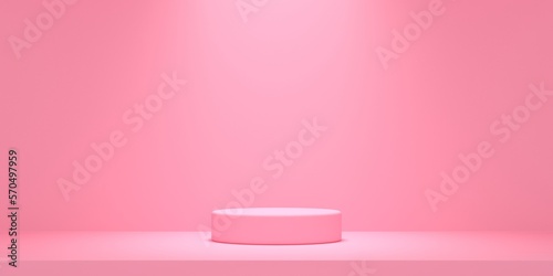 Abstract background minimal style with empty space for product presentation. Pink cylinder shape mock up with spot light on pink color plain background. 3d rendering