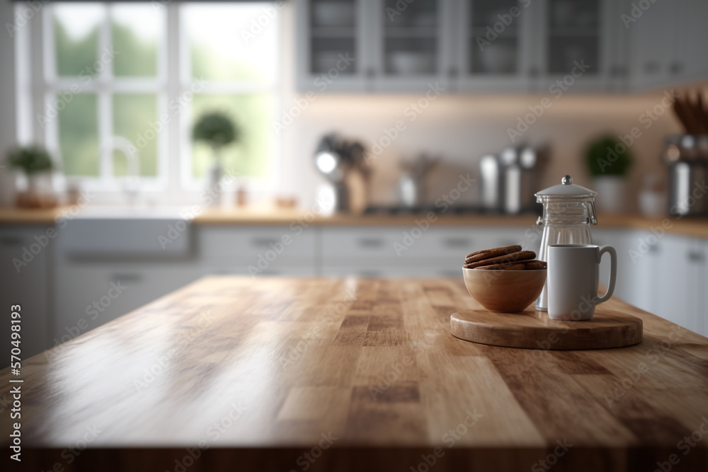 Embracing Scandinavian Elegance: Close-Up of an Empty Wooden Table in a Modern Kitchen With Generative AI
