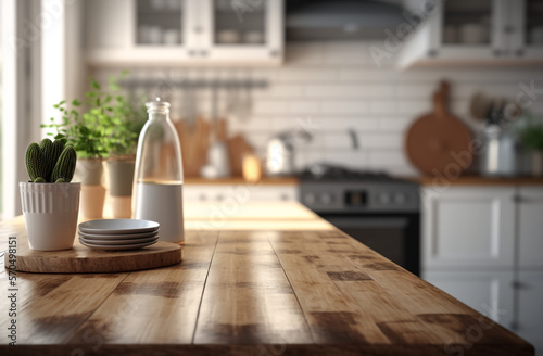 Embracing Scandinavian Elegance: Close-Up of an Empty Wooden Table in a Modern Kitchen With Generative AI