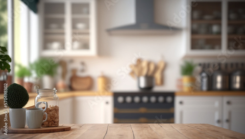 Embracing Scandinavian Elegance  Close-Up of an Empty Wooden Table in a Modern Kitchen With Generative AI